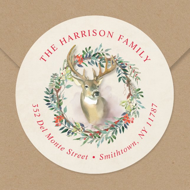 Reindeer Wreath Christmas Return Address Classic Round Sticker (Creator Uploaded)