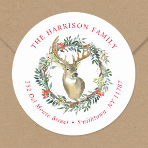 Reindeer Wreath Christmas Return Address Classic Round Sticker