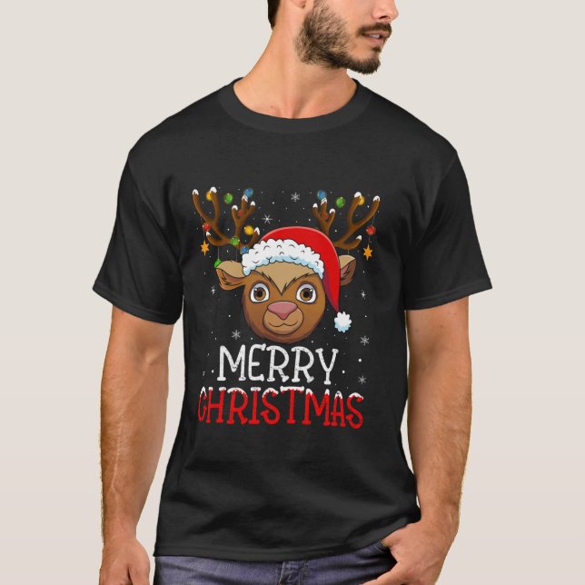 Reindeer Xmas Lights Santa Hat Reindeer Merry Chri T-Shirt (Front)