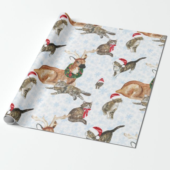 Reindeers and Kitty Cats Wrapping Paper (Unrolled)