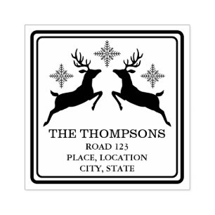 Reindeers And Snowflakes With Custom Address Info Rubber Stamp