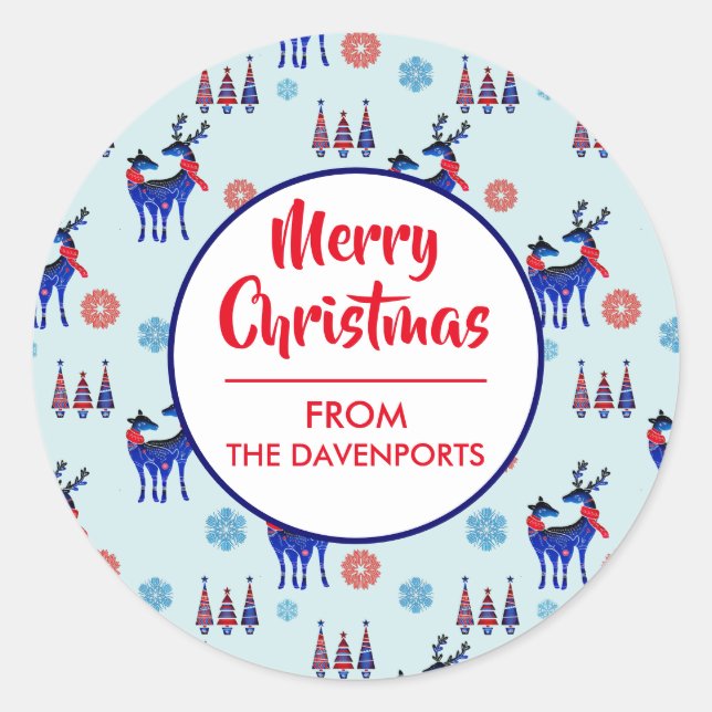 Reindeers, Christmas Trees and Snowflakes Pattern Classic Round Sticker (Front)