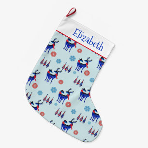 Reindeers, Christmas Trees and Snowflakes Pattern Large Christmas Stocking