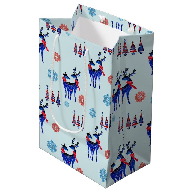 Reindeers, Christmas Trees and Snowflakes Pattern Medium Gift Bag (Front Angled)