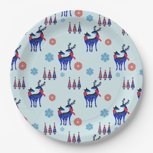 Reindeers, Christmas Trees and Snowflakes Pattern Paper Plate (Front)