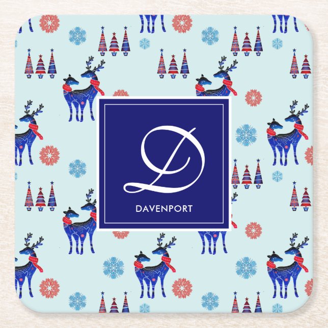 Reindeers, Christmas Trees and Snowflakes Pattern Square Paper Coaster (Front)