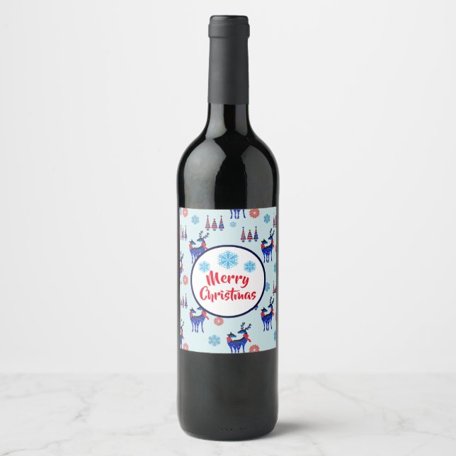 Reindeers, Christmas Trees and Snowflakes Pattern Wine Label (Front)