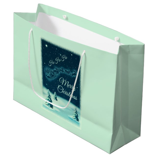 Reindeers Pulling Santa Claus Christmas Large Gift Bag (Front Angled)