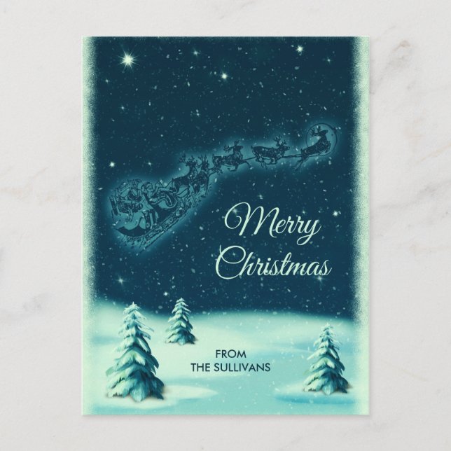 Reindeers Pulling Santa's Sleigh in the Night Sky Postcard (Front)
