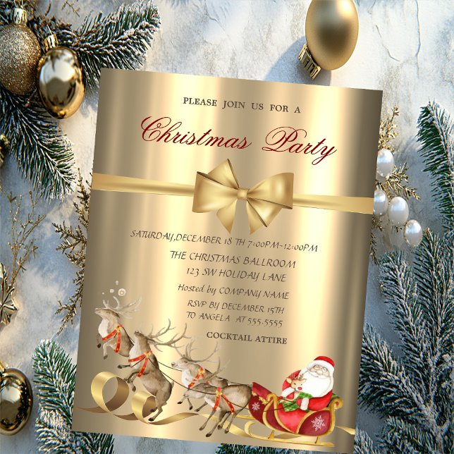 Reindeers Santa Claus Sleigh Gold Christmas Party  Invitation (Creator Uploaded)
