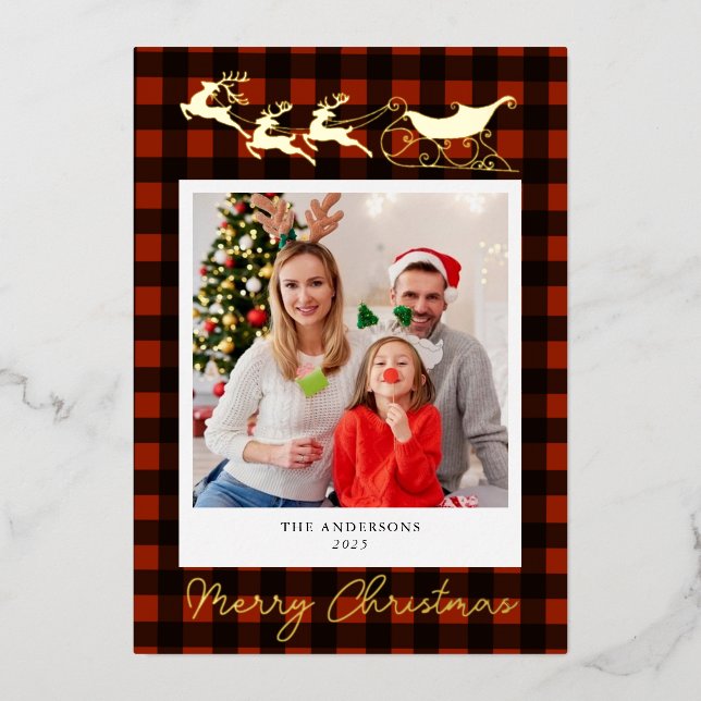 Reindeers & Sleigh Christmas Photo Gold  Foil Holiday Card (Front)