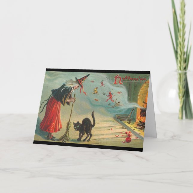 Reissue Victorian Witch & Cat Halloween Card (Front)