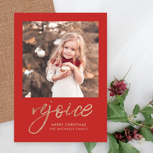 Rejoice and Be Glad Red Rustic Photo Holiday Card (Creator Uploaded)