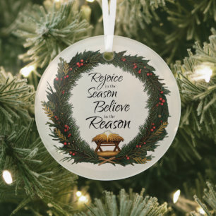 Rejoice and believe nativity glass tree decoration