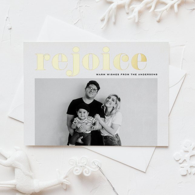 Rejoice Bold Typography Modern Photo Christmas Foil Holiday Postcard (Creator Uploaded)