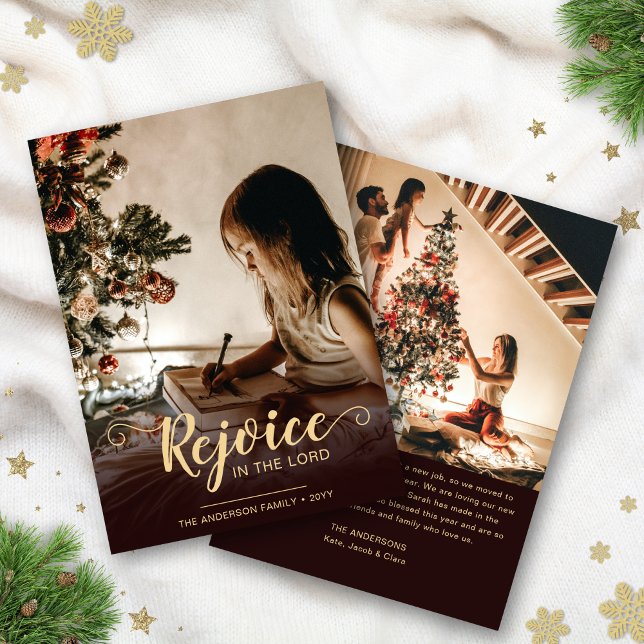 Rejoice Brown Rustic Religious Christmas Holiday Card (Rustic, religious Christmas card in brown and gold )