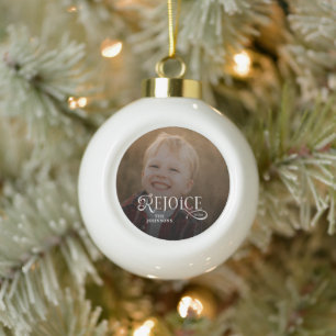 Rejoice Christian Religious Merry Christmas Photo Ceramic Ball Christmas Ornament