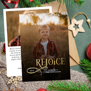 Rejoice Christian Religious Merry Christmas Photo Foil Holiday Card