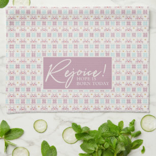 Rejoice Christmas Pastel Typography Snowflakes Tea Towel