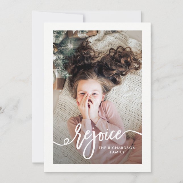 Rejoice | Christmas Script with Photo Holiday Card (Front)