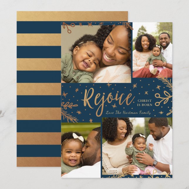 Rejoice | Collage Christmas Card | Faux Foil Blue (Front/Back)