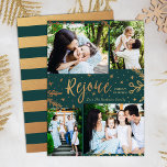 Rejoice | Collage Christmas Card | Faux Foil Green<br><div class="desc">Faux gold foil decorative elements create an elegant effect for these classy four photo holiday cards in green.  Easy to customise with your own photos and text!</div>