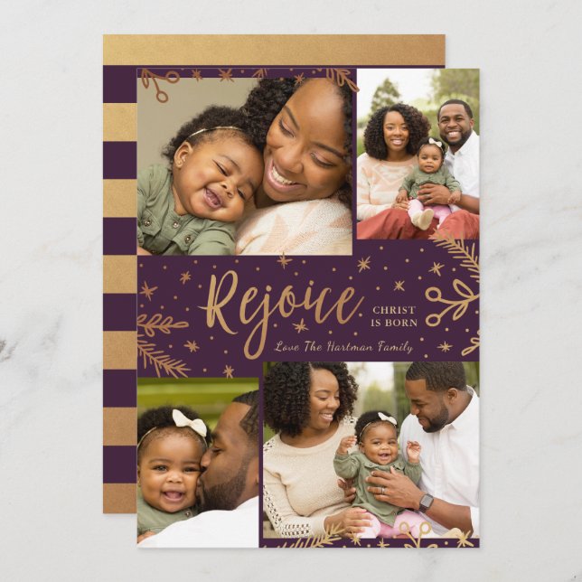 Rejoice | Collage Christmas Card | Faux Foil Plum (Front/Back)