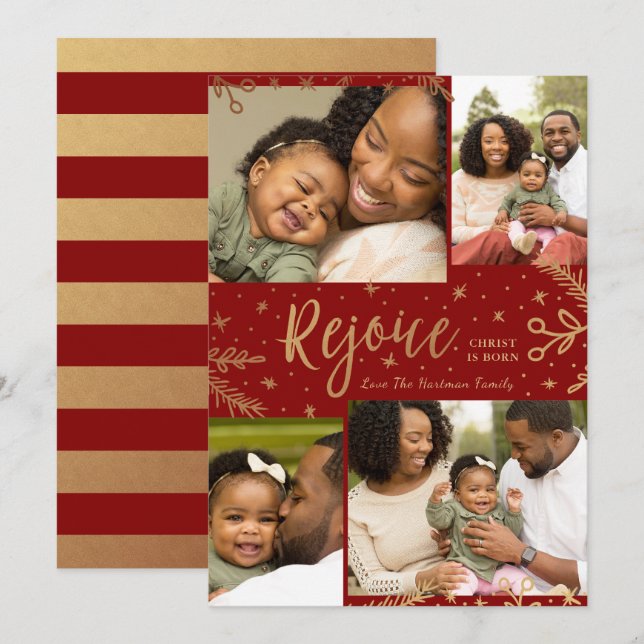Rejoice | Collage Christmas Card | Faux Foil Red (Front/Back)