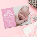 Rejoice Elegant Baby Girl Photo Pink Christmas Holiday Card<br><div class="desc">An elegant angel sits over the Christmas lyrics words from O Holy Night on this beautiful pink and white holiday card. A thrill of hope, the weary world rejoices. Rejoice with this lovely religious birth announcement card with gorgeous calligraphy and your newborn photo on the front and back. A wonderful...</div>