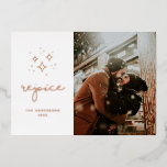 Rejoice. Gold stars / Religious Christmas photo Foil Holiday Card<br><div class="desc">Gold religious Christmas photo card "Rejoice".</div>