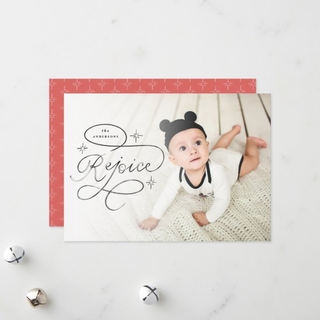 Rejoice Hand Lettered Stars Christmas Photo Holiday Card (Front/Back In Situ)