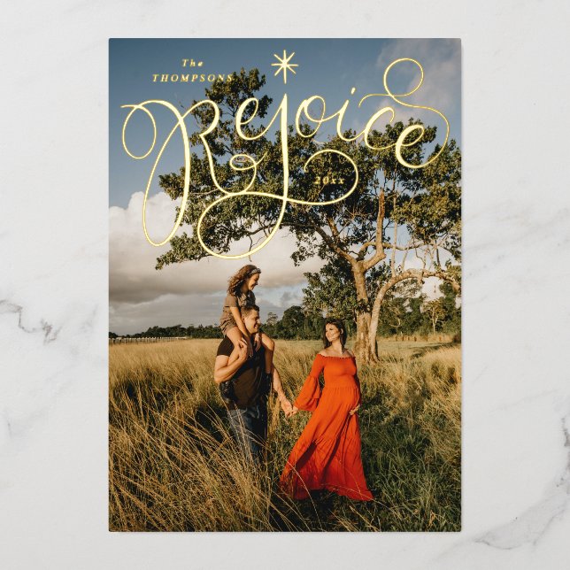Rejoice Hand Lettering Foil Holiday Card (Front)