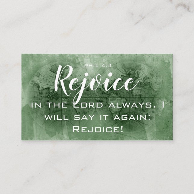 Rejoice in the Lord Bible Verse World Map Business Card (Front)