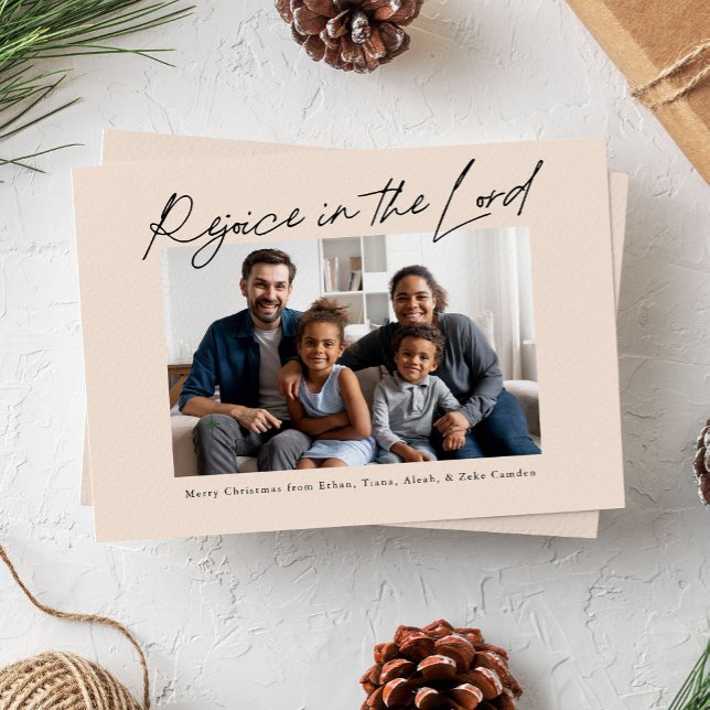 Rejoice in the Lord Handwritten Christmas Holiday Card (rejoice in the Lord religious Christmas photo card with handwritten script)