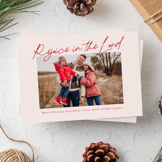 Rejoice in the Lord Handwritten Christmas Red Holiday Card (Handwritten script "rejoice in the Lord" religious Christmas photo card with red colours.)