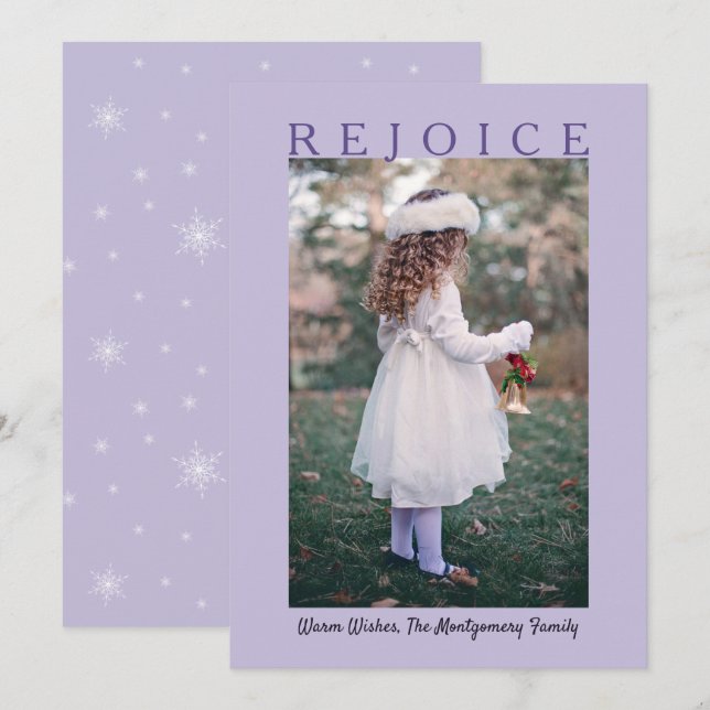 Rejoice Lavender Purple Christmas Photo Holiday Card (Front/Back)