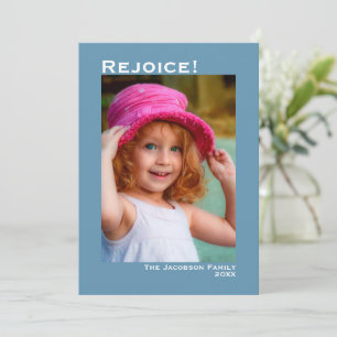 Rejoice! Minimalist Blue Photo Christmas Holiday Card