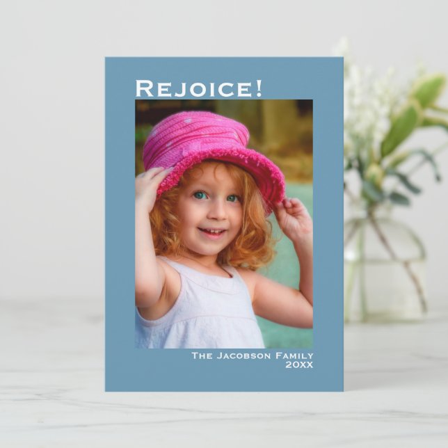 Rejoice! Minimalist Blue Photo Christmas Holiday Card (Standing Front)