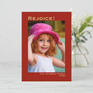 Rejoice! Minimalist Red & Gold Photo Christmas Holiday Card