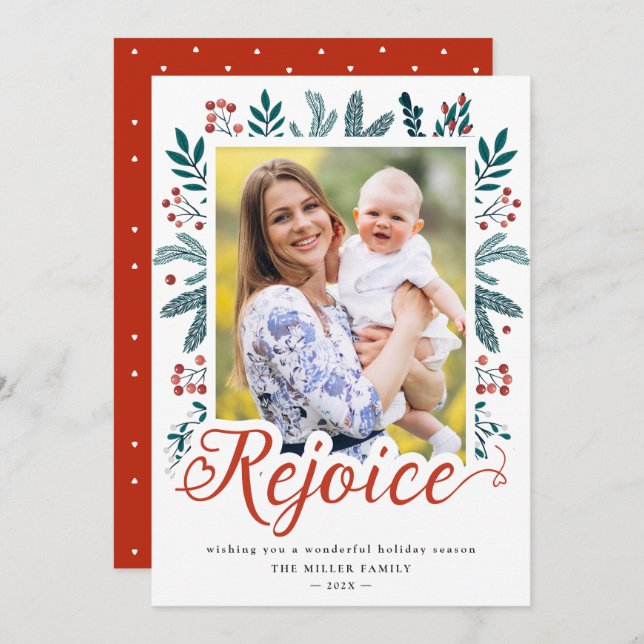 Rejoice Script Festive Christmas Red Berries Photo Holiday Card (Front/Back)