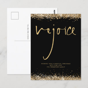 Rejoice Script Gold Glitter Black Name Christmas Postcard