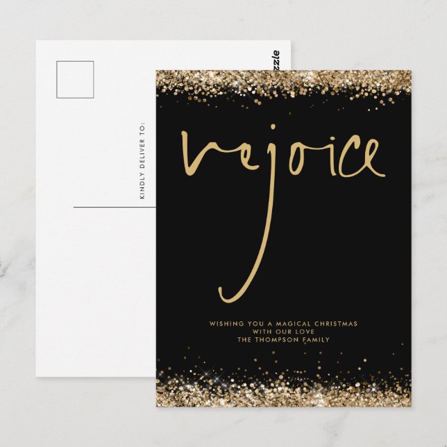 Rejoice Script Gold Glitter Black Name Christmas Postcard (Front/Back)