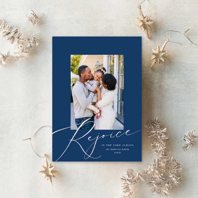 Rejoice Script Religious Christmas Photo Blue + Foil Holiday Card (Creator Uploaded)