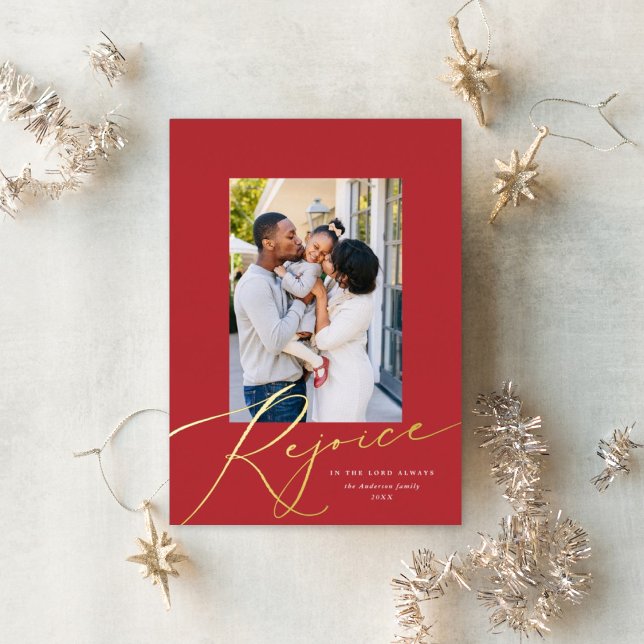 Rejoice Script Religious Christmas Photo Red Gold Foil Holiday Card (Creator Uploaded)