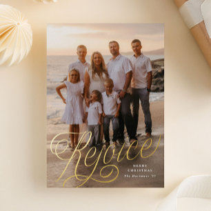 Rejoice Stylish Script Overlay 1-Photo Christmas  Foil Holiday Card