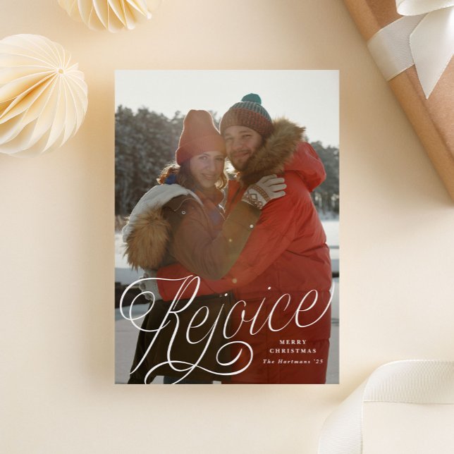 Rejoice Stylish Script Overlay 1-Photo Christmas  Holiday Card (vintage Rejoice script overlay Christmas photo insert card)