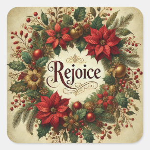 REJOICE VINTAGE CHRISTMAS POINSETTIA RELIGIOUS SQUARE STICKER