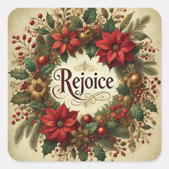 REJOICE VINTAGE CHRISTMAS POINSETTIA RELIGIOUS SQUARE STICKER (Front)