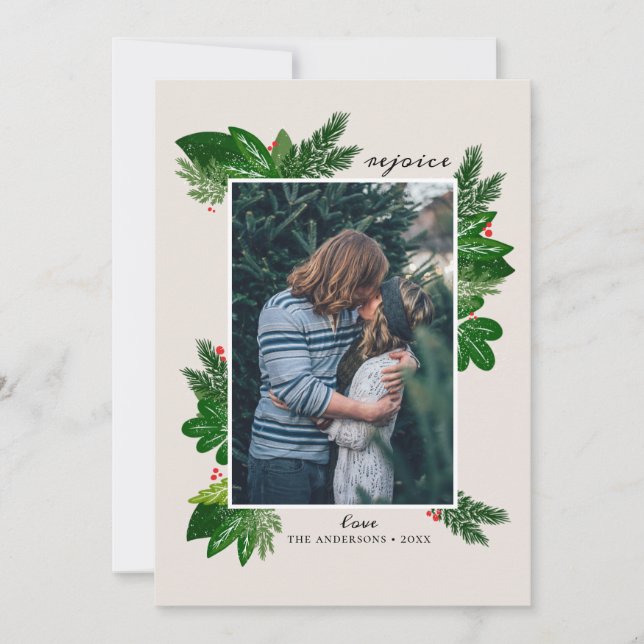 Rejoice. Winter floral pine / Religious Christmas Holiday Card (Front)