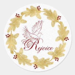 Rejoice with Dove Gold Holiday Wreath with Berries Classic Round Sticker